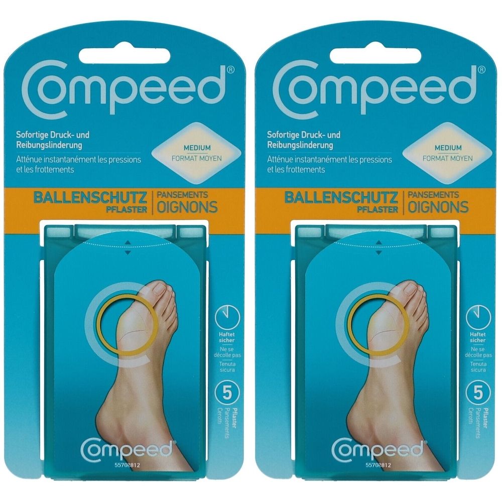 Zwei Packungen Compeed Ballenpflaster. Blaue Verpackung mit Produktabbildung und Schriftzug. Enthält 5 Pflaster.