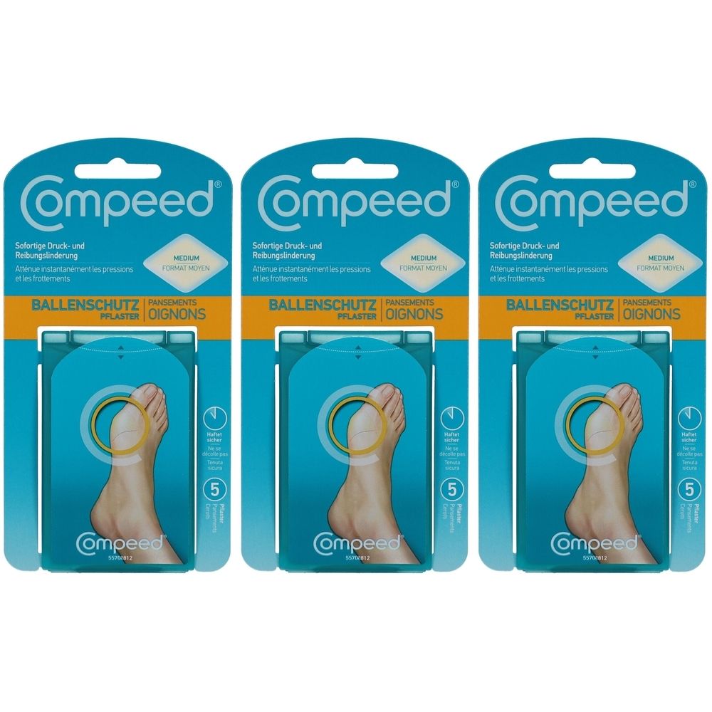 Drei Compeed Ballenpflaster-Verpackungen. Jede Packung zeigt ein Fußmodell mit gelbem Kreis. Text: BALLENSCHUTZ, MEDIUM.