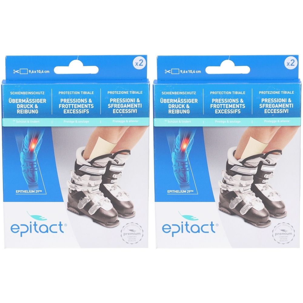 Zwei Packungen Epitact Schutz Tibiale. Blaue Verpackung mit Produktabbildung und Text. Enthält zwei Stück. Marke Epitact.