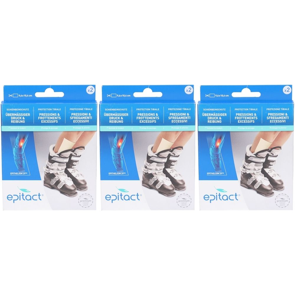 Drei Produktverpackungen nebeneinander. Blaue Schachteln mit Produktabbildung und Text. Aufschrift: epitact, Schutz Tibiale, Pressions & Frottements Excessifs.