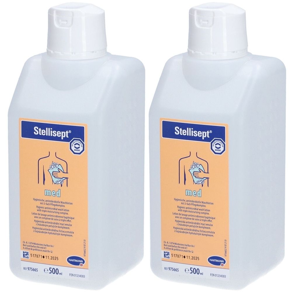 Deux flacons blancs avec bouchons blancs. Étiquettes avec informations produit et texte Stellisept med.