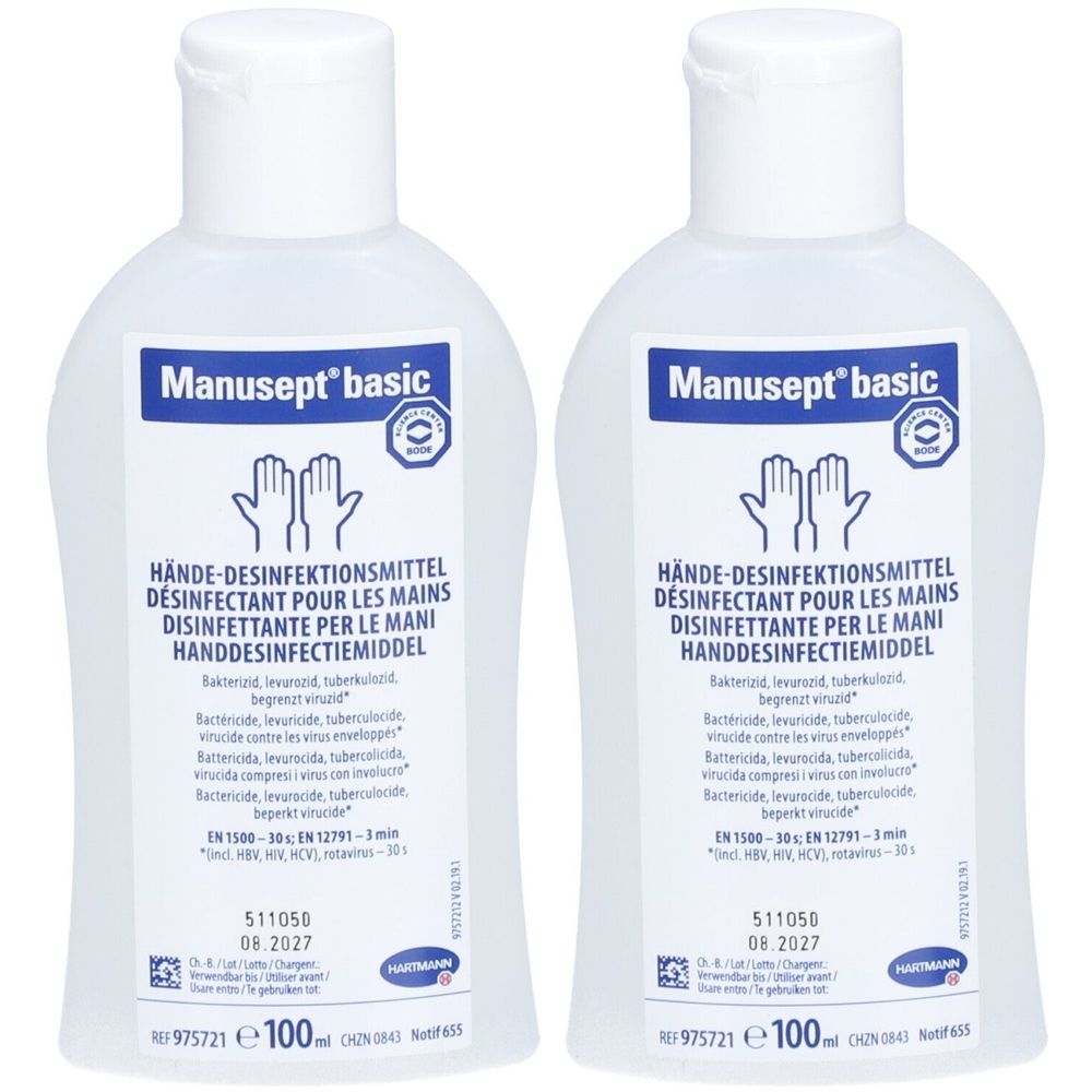 Deux flacons de désinfectant pour les mains Manusept basic. Flacons blancs avec étiquette bleue et informations produit. Fermeture à clapet.