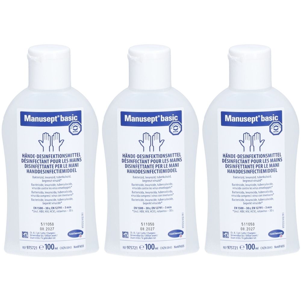 Trois flacons de désinfectant pour les mains Manusept basic. Flacons blancs avec étiquette bleue et bouchon blanc.