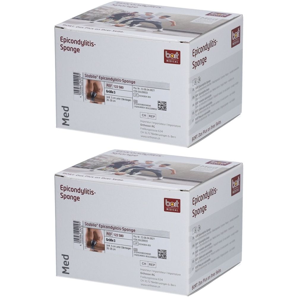 Zwei weiße Kartons mit Produktinformationen. Aufdruck: Epicondylitis-Spange, bort medical Logo, Produktabbildung.