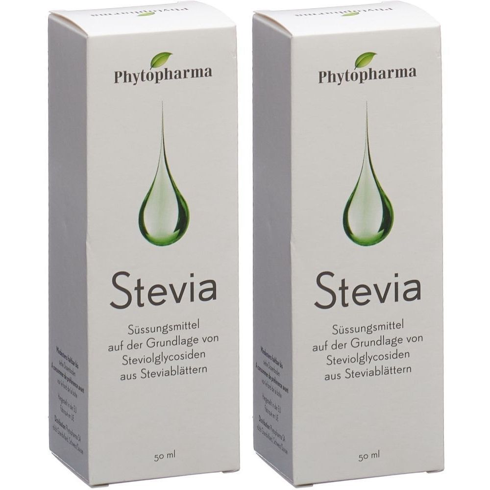 Zwei weiße Kartons mit dem Logo von Phytopharma und dem Wort Stevia. Aufschrift: Süßungsmittel auf der Grundlage von Steviolglycosiden.