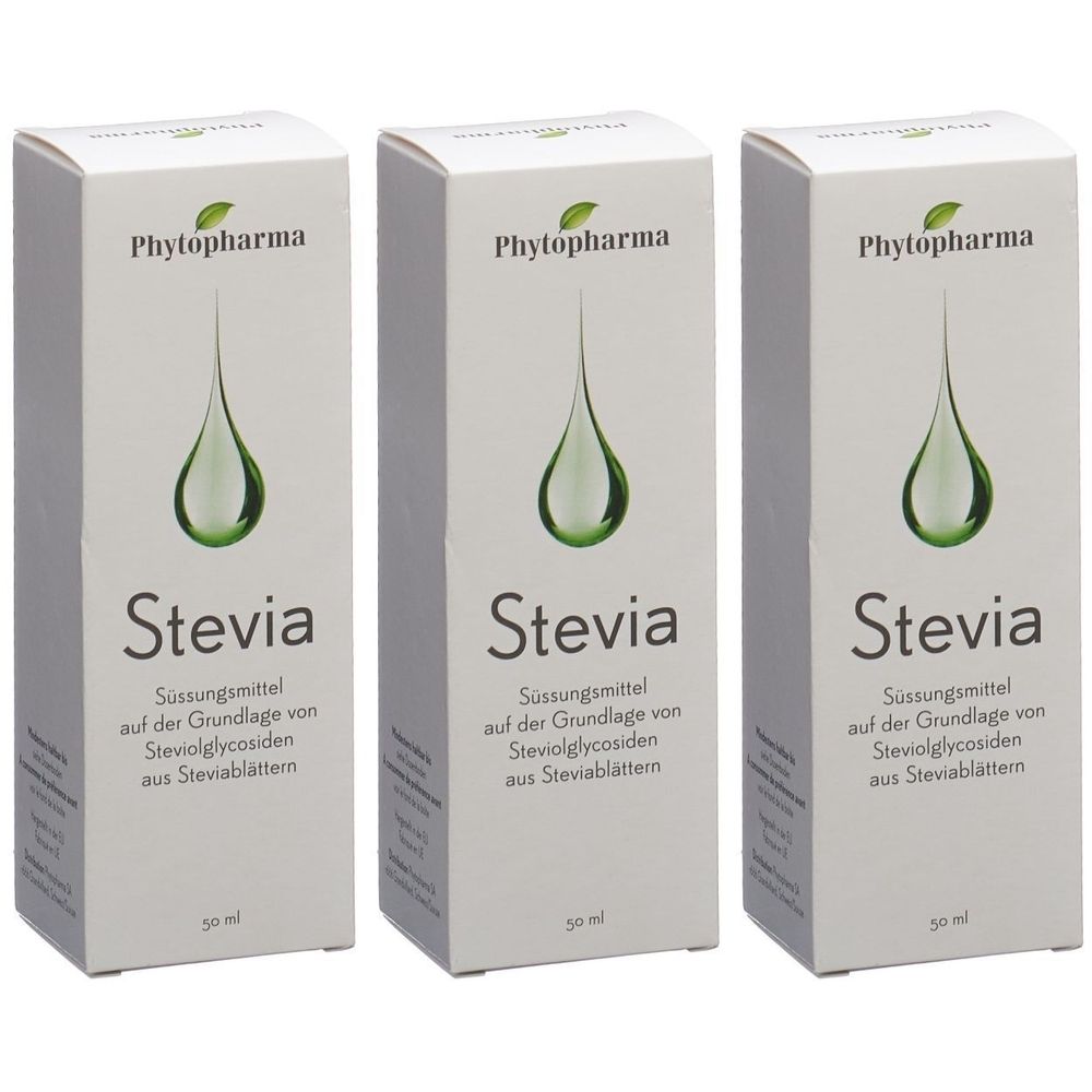 Drei weiße Kartons mit der Aufschrift "Phytopharma Stevia". Auf jedem Karton ist ein grüner Tropfen abgebildet. Text: Süßungsmittel auf der Grundlage von Steviolglycosiden.
