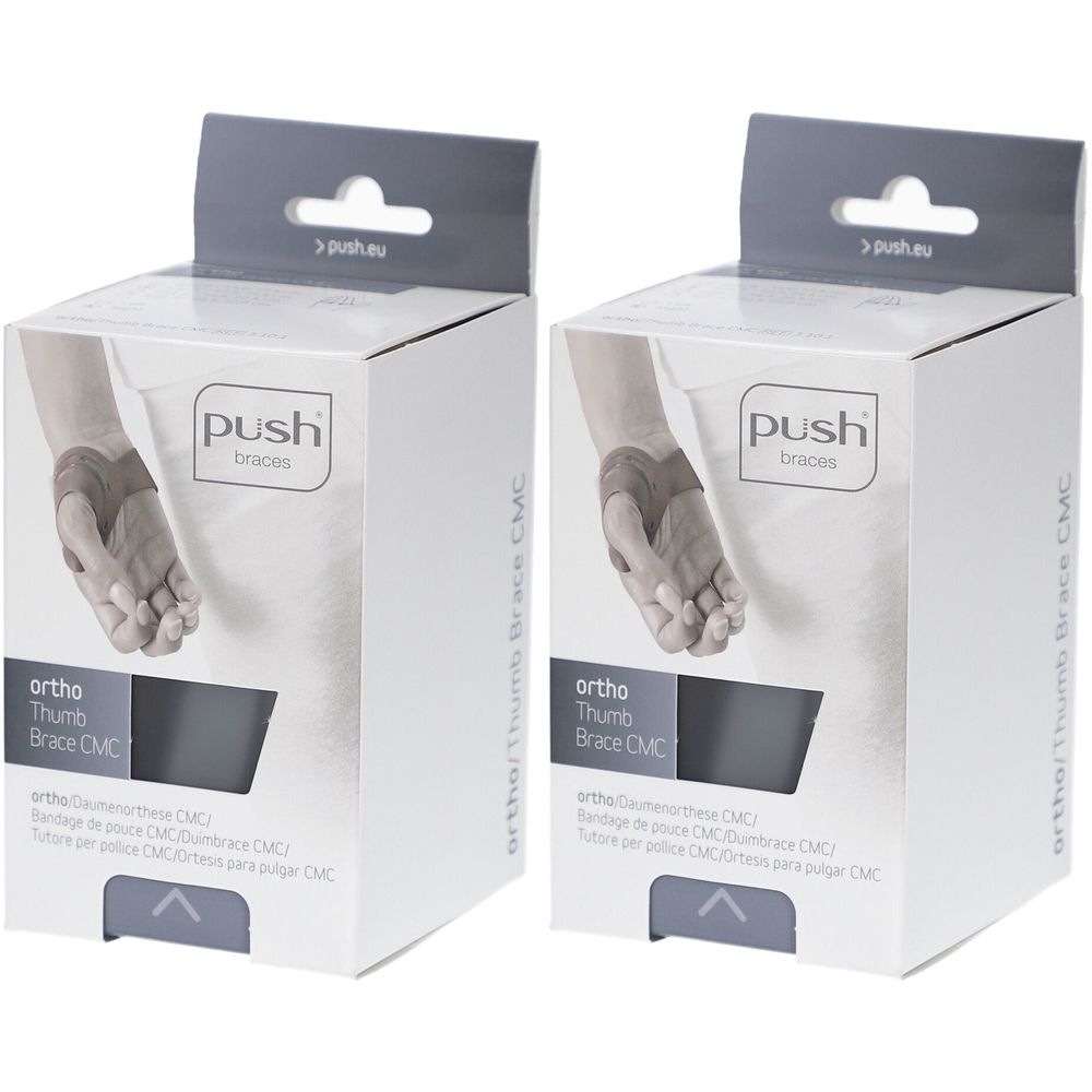 Zwei weiße Kartons mit Push-Brace-Logo. Aufdruck: ortho Thumb Brace CMC. Abbildung eines Daumengelenks. Mit Aufhänger.