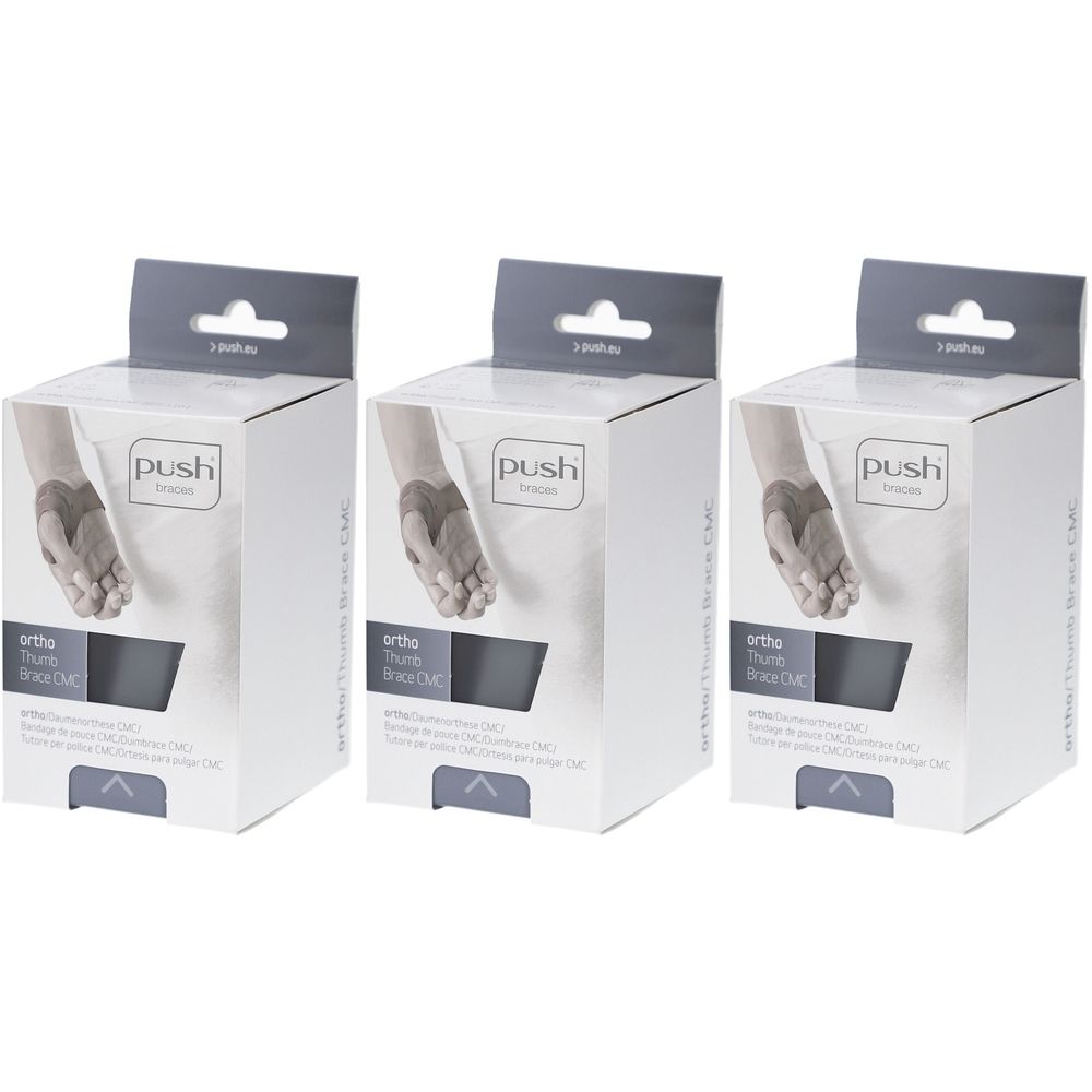 Trois boîtes blanches avec le logo "push braces". Chaque boîte présente une orthèse de pouce et l'inscription "ortho Thumb Brace CMC".