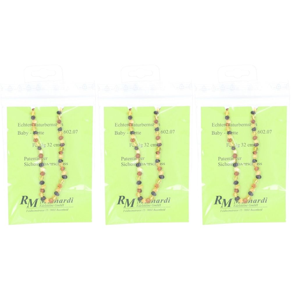 Drei MAINARDI Babyketten aus Naturbernstein in Folien verpackt. Jede Kette hat eine Länge von 32 cm und einen Sicherheitsverschluss.