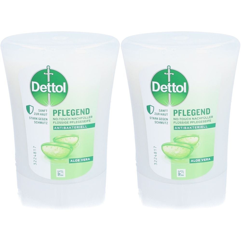 Deux recharges de savon liquide Dettol Aloe Vera. Récipients blancs ovales avec logo vert et informations produit.