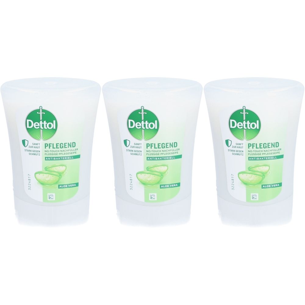 Trois recharges blanches avec des étiquettes vertes et blanches. Les étiquettes indiquent "Dettol" et "Pflegend". Illustration d'aloe vera.