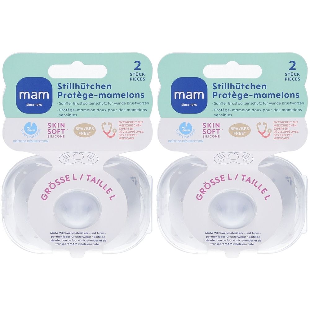 Zwei Packungen Stillhütchen mit Boxen. Marke: mam. Größe L. Verpackung mit 2 Stück. Aufschrift: Skin Soft Silicone, BPA-frei.