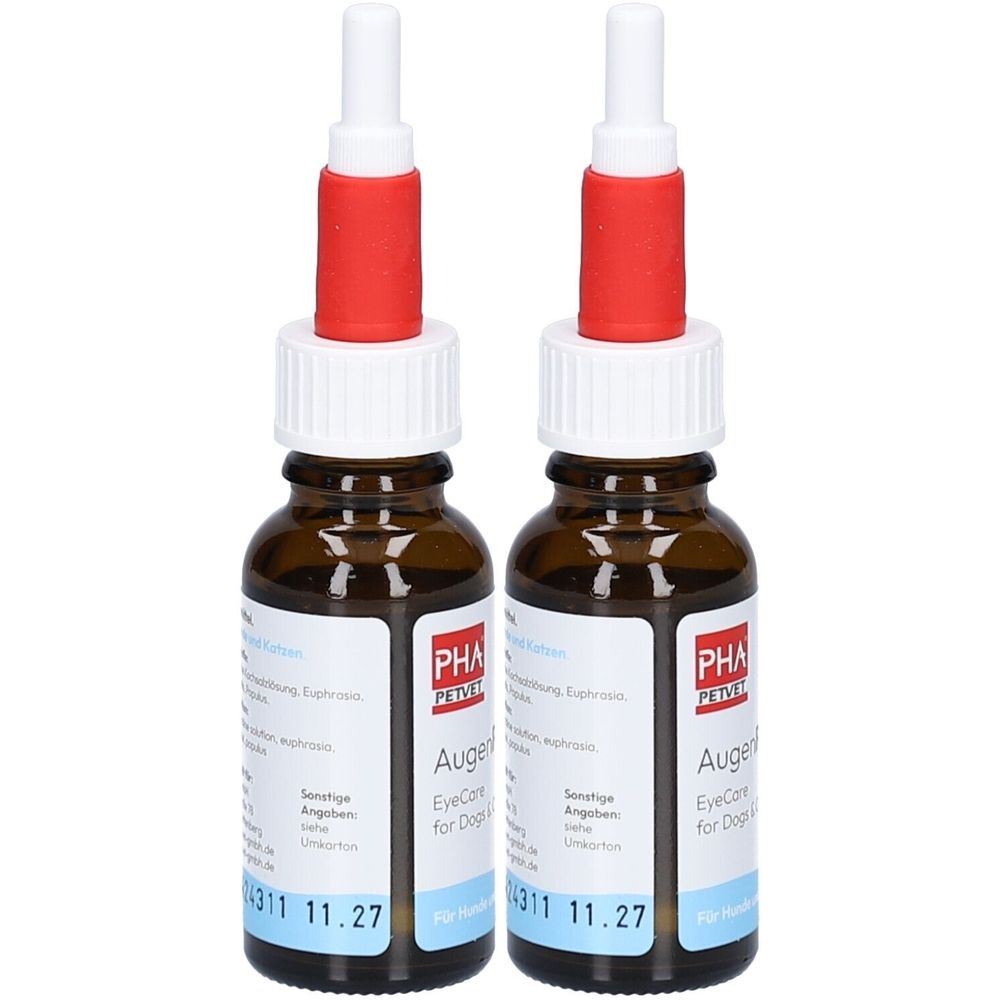 Deux flacons bruns avec des étiquettes blanches et des bouchons rouges. Les étiquettes indiquent "PHA PetVet Augenpflege".