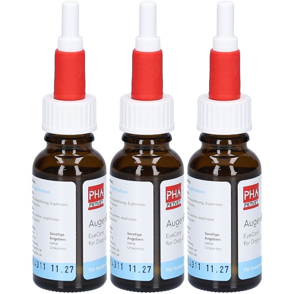 Trois flacons en verre brun avec des bouchons blancs et rouges. Les étiquettes indiquent "PHA PETVET Augenpflege".