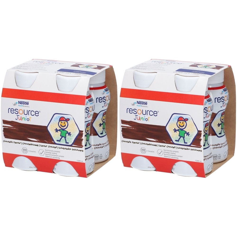 Zwei Packungen Resource Junior-Schokotasse. Jede Packung enthält vier Flaschen. Aufdruck: Nestle, Logo, Produktname, Kind-Illustration.