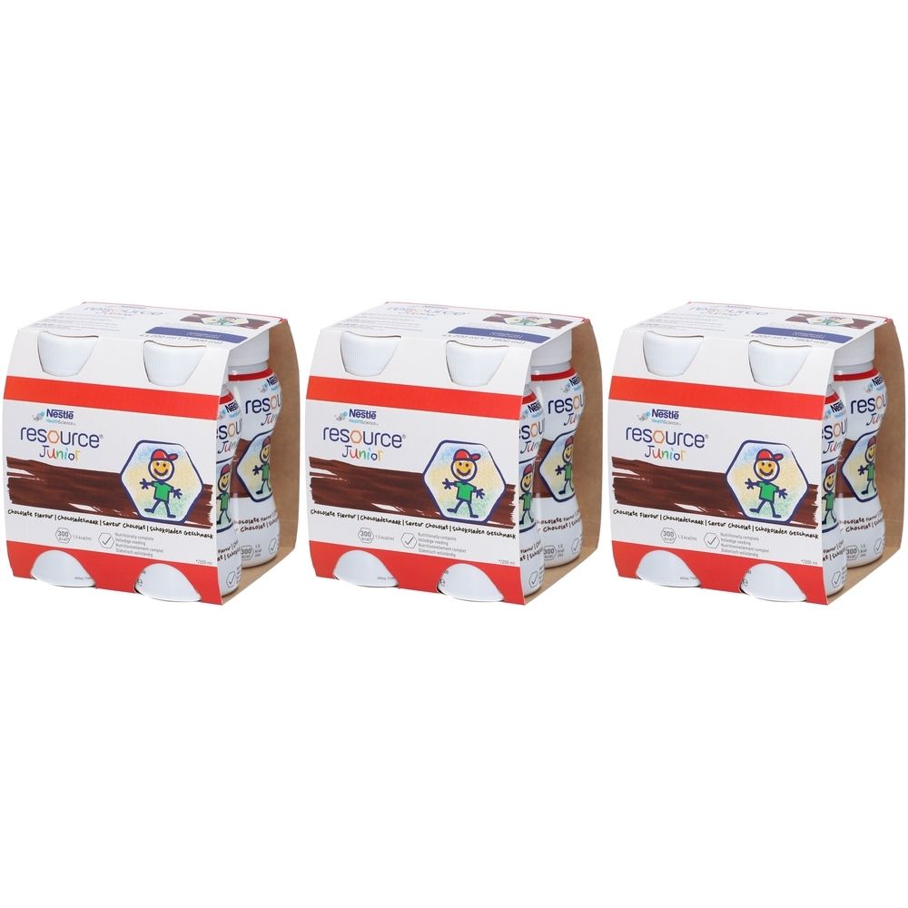 Drei Packungen Ressource Junior-Schokotasse. Jede Packung enthält vier Flaschen. Aufdruck: Nestlé, Junior, Schokolade.