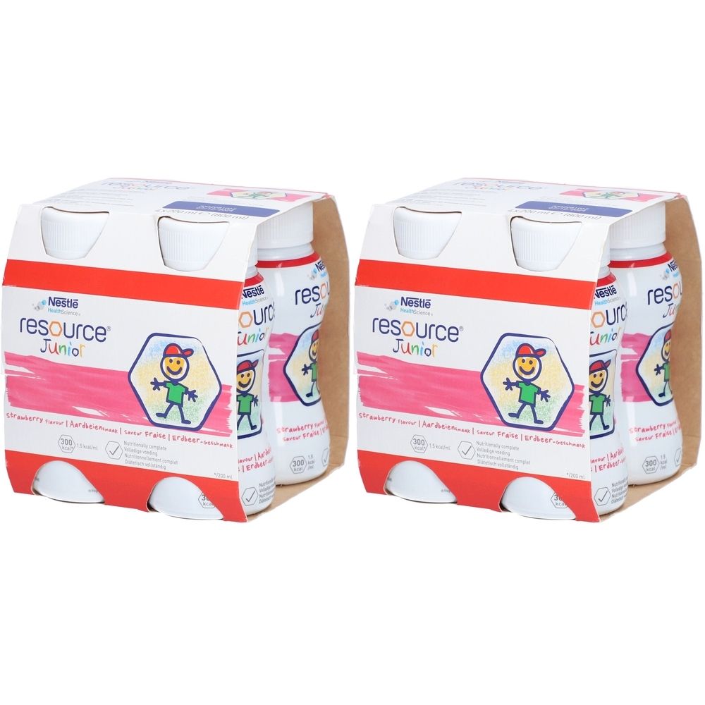 Zwei Packungen RESOURCE Junior Erdbeer. Jede Packung enthält vier Flaschen. Aufdruck: RESOURCE Junior, Logo mit Kind.