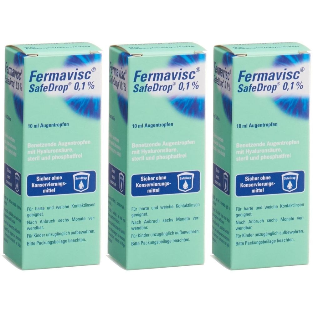 Drei Schachteln Fermavisc SafeDrop 0,1%. Türkis-weißes Design. Aufschrift: 10 ml Augentropfen. Sicher ohne Konservierungsmittel.