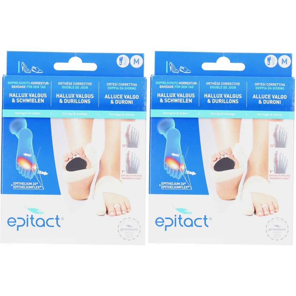 Zwei Packungen Epitact® Doppelschutz-Korrektur-Bandage. Blaue Verpackung mit Produktabbildung und Text. Größe M.
