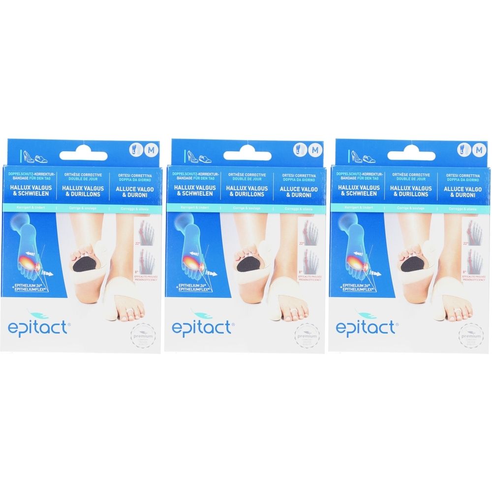 Drei Produktverpackungen. Auf jeder Verpackung ist ein Fuß mit einer Bandage abgebildet. Der Markenname „epitact“ ist sichtbar.