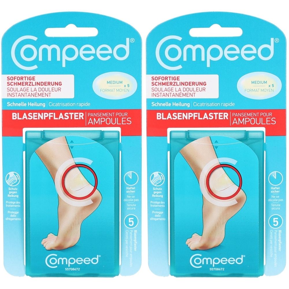 Zwei Packungen Compeed Blasenpflaster Mittlere Größe. Blaue Verpackung mit Produktabbildung und rotem Kreis um Fußferse.