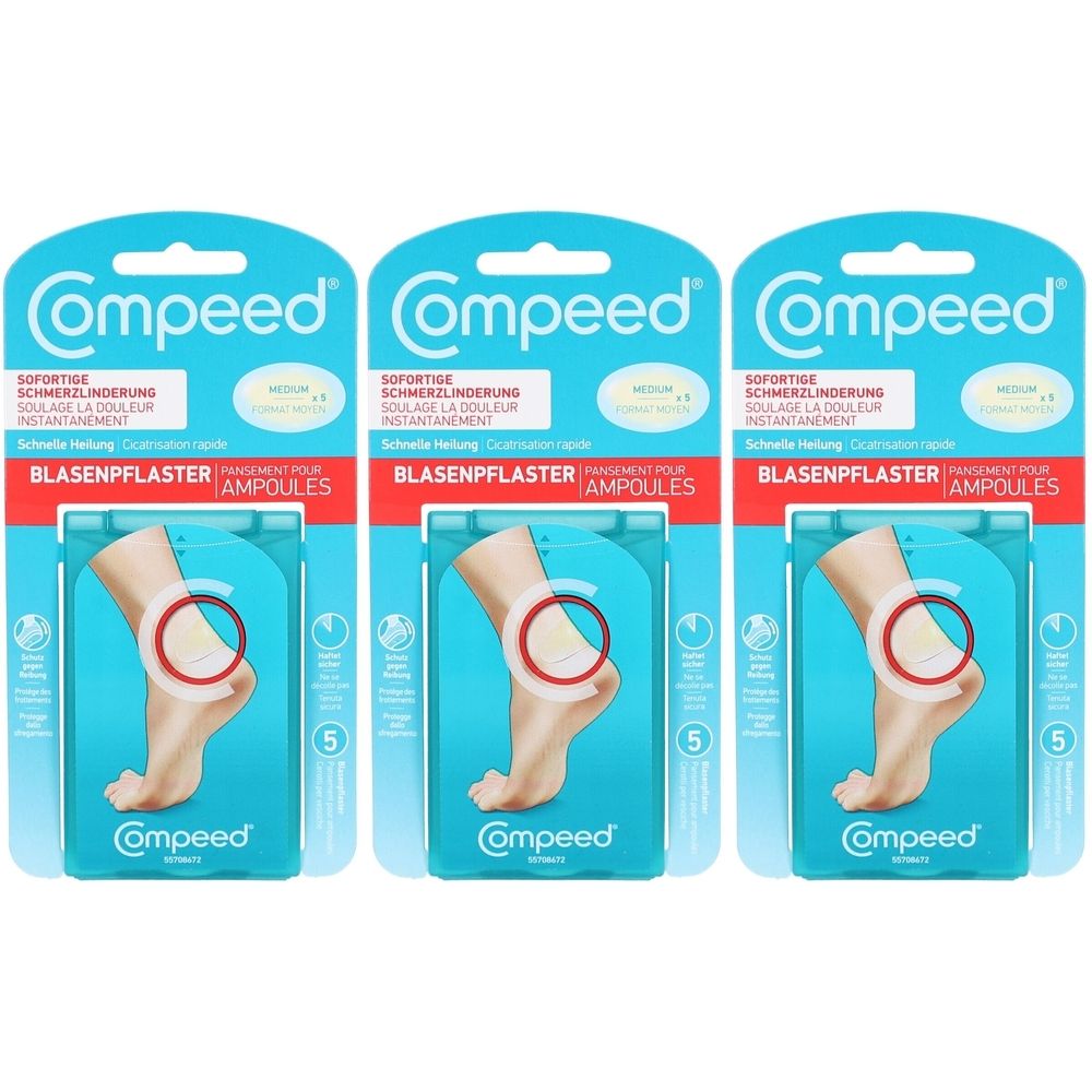 Drei Packungen Compeed Blasenpflaster Mittlere Größe. Jede Packung zeigt ein Fußmodell mit roter Markierung. Text: Sofortige Schmerzlinderung.