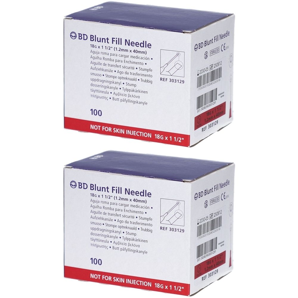 Zwei Kartons mit "BD Blunt Fill Needle". Aufschrift: 18G x 1 1/2". Enthält 100 Stück. Nicht zur Injektion.
