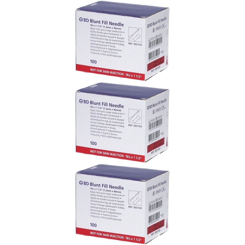 Drei Kartons mit BD Blunt Fill Needle. Aufdrucke: 18G x 1½", 100 Stück, "NOT FOR SKIN INJECTION".