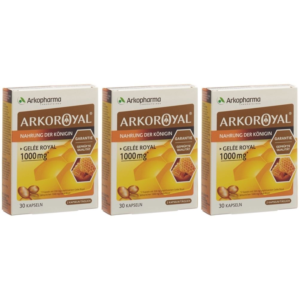 Drei Schachteln mit der Aufschrift ARKOROYAL, Gelee Royal 1000mg. Jede Schachtel enthält 30 Kapseln. Das Logo von Arkopharma ist oben links.