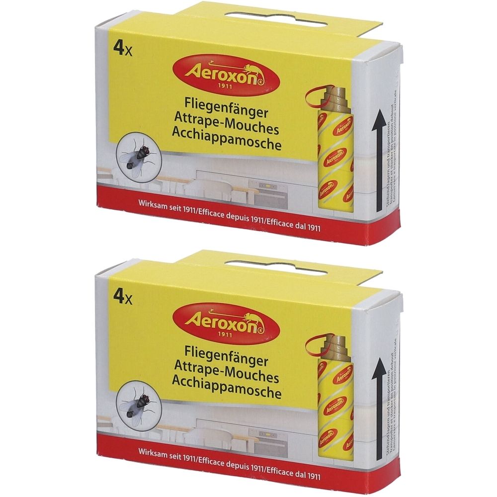 Deux boîtes de pièges à mouches. Emballage jaune avec nom et logo du produit. Flèche vers le haut.