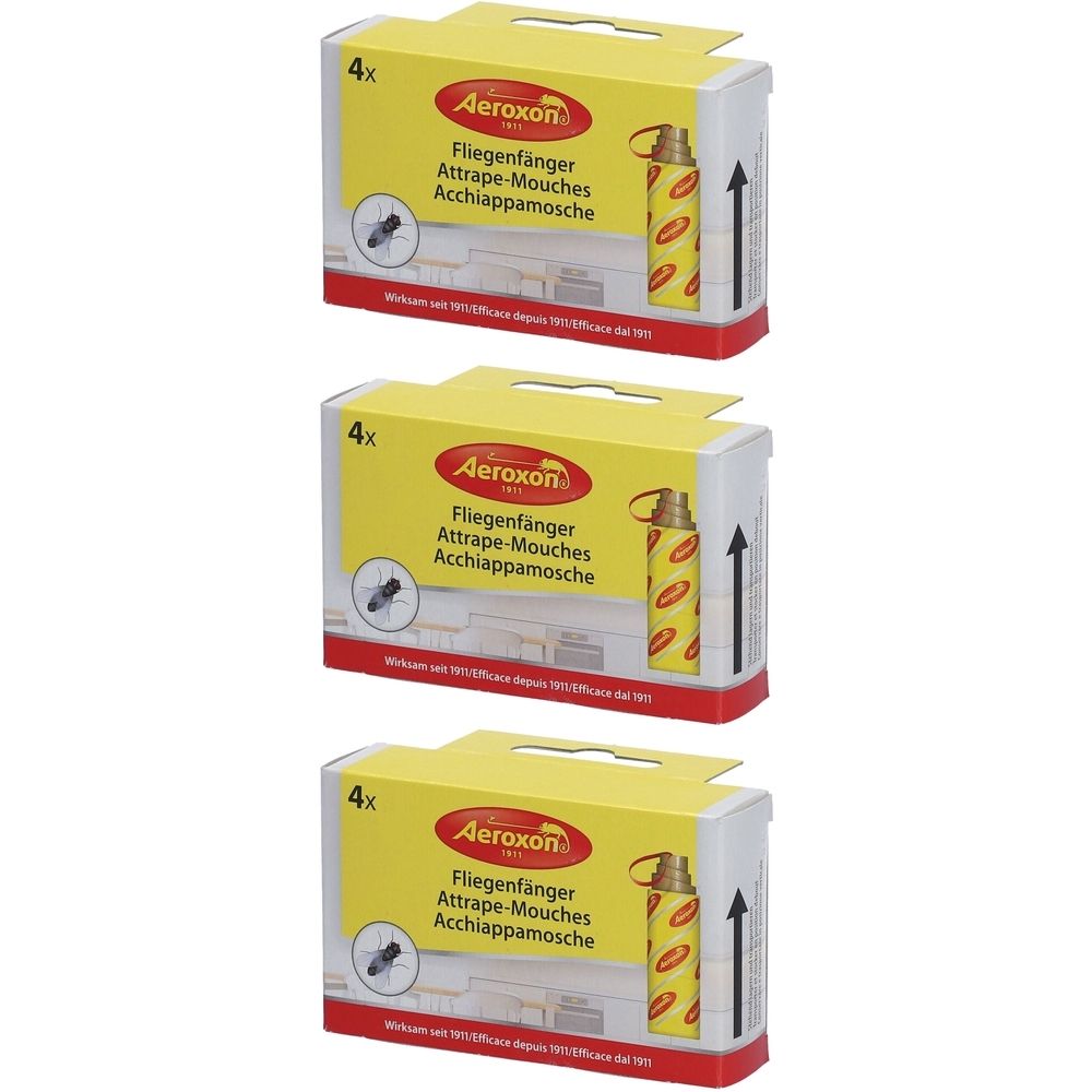 Drei Packungen mit je vier Fliegenfängern. Gelbe Kartons mit Produktnamen und Pfeil. Zylindrische Fallen mit rotem Muster.