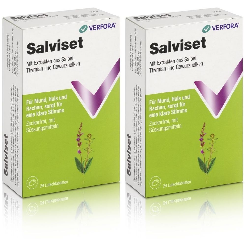 Zwei Schachteln Salviset-Pastillen. Weiße Verpackung mit grünen und violetten Elementen. Text: Salviset, VERFORA.