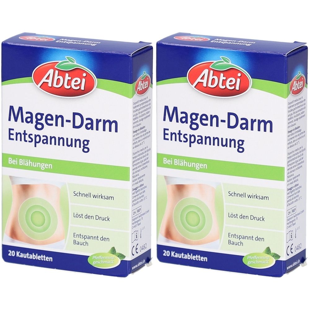 Deux boîtes de comprimés à croquer Abtei Magen-Darm-Entspannung. Inscription : Bei Blähungen, 20 comprimés. Emballage vert et blanc.