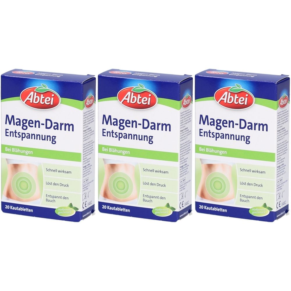 Trois boîtes de comprimés à croquer Abtei Magen-Darm-Entspannung. Emballage bleu avec texte blanc et logo. Symbole de ventre. 20 comprimés à croquer.