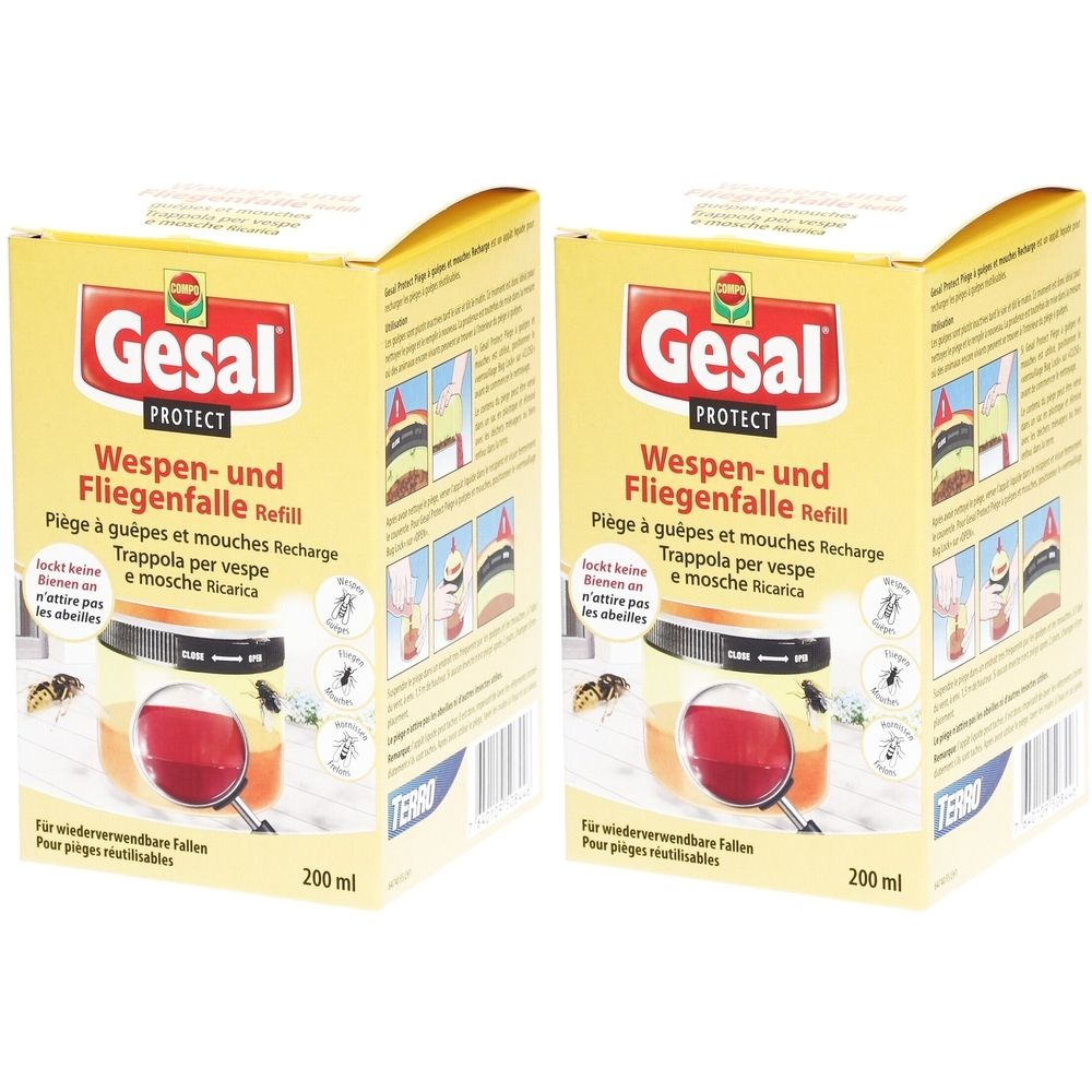 Zwei Packungen Wespen- und Fliegenfalle Refill. Gelbe Kartons mit Produktnamen und Logos. Text in Deutsch, Französisch, Italienisch.