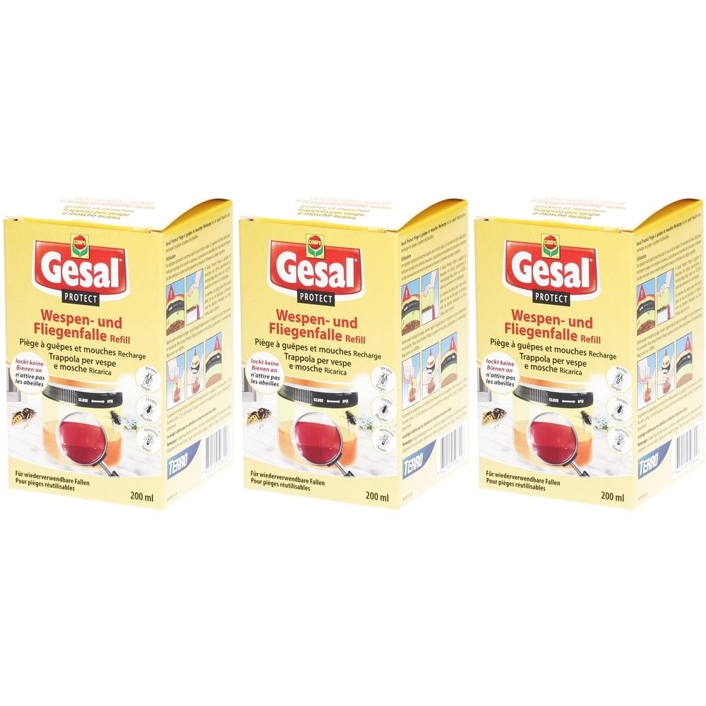 Drei Packungen Wespen- und Fliegenfalle Nachfüllpackung. Gelbe Kartons mit rotem Logo und Produktbezeichnung. 200 ml.