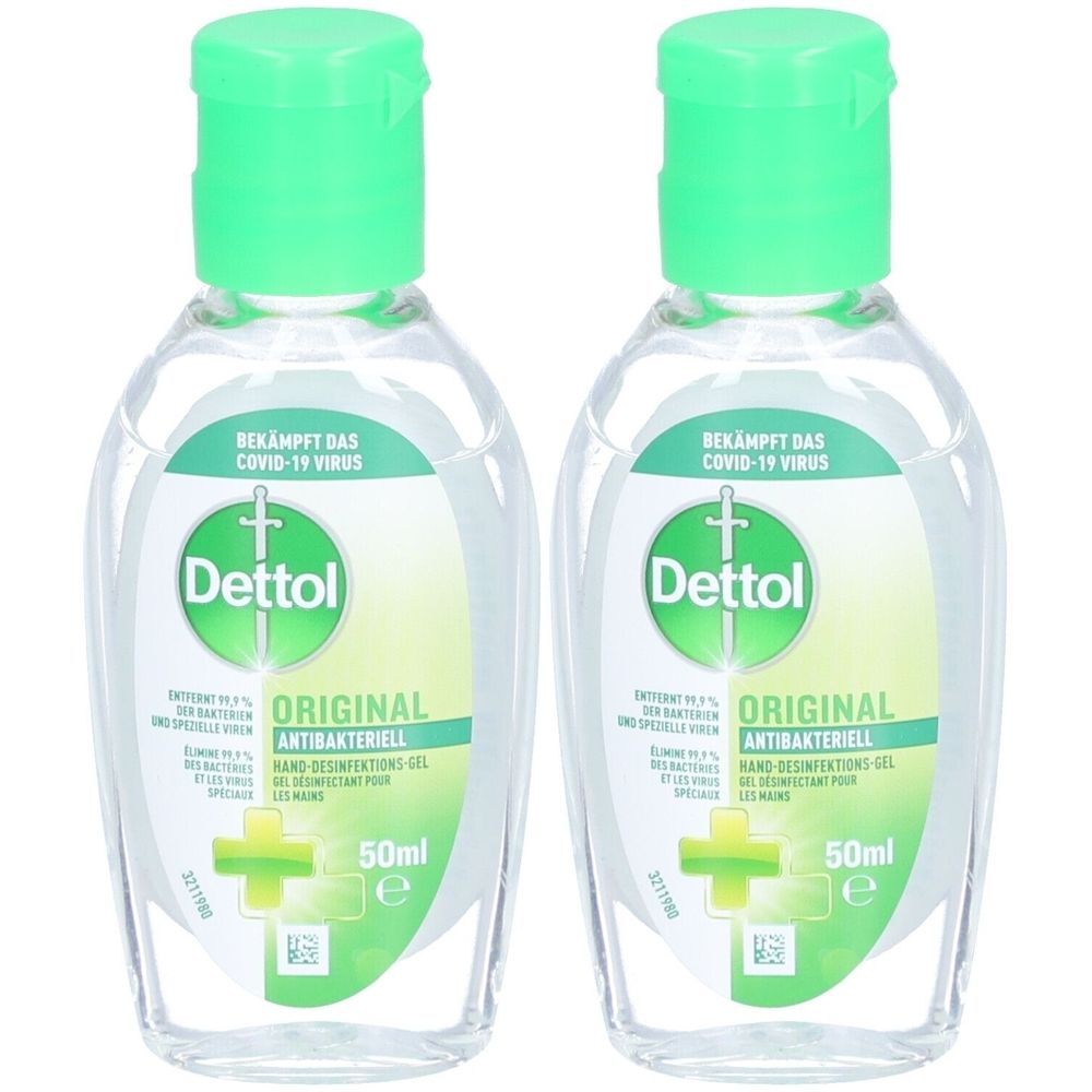 Zwei Flaschen Dettol Original Antibakterielles Desinfektionsgel. Klare Flüssigkeit in ovalen Flaschen mit grünem Deckel. Aufschrift: Dettol, Original.