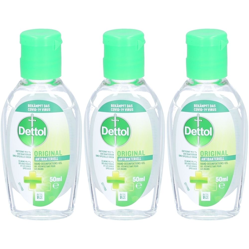 Drei Flaschen Dettol Original Antibakterielles Desinfektionsgel. Klare Flüssigkeit in ovalen Flaschen mit grünen Deckeln. Aufschrift: Dettol, Original, 50ml.