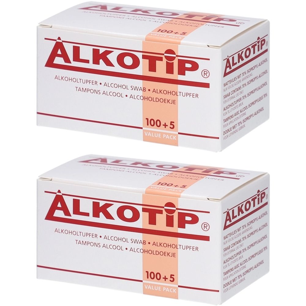 Zwei Kartons Alkotip. Aufdruck: Alkohol-Tupfer, Alkohol-Swab, 100+5 Value Pack. Roter Schriftzug auf weißem Grund.