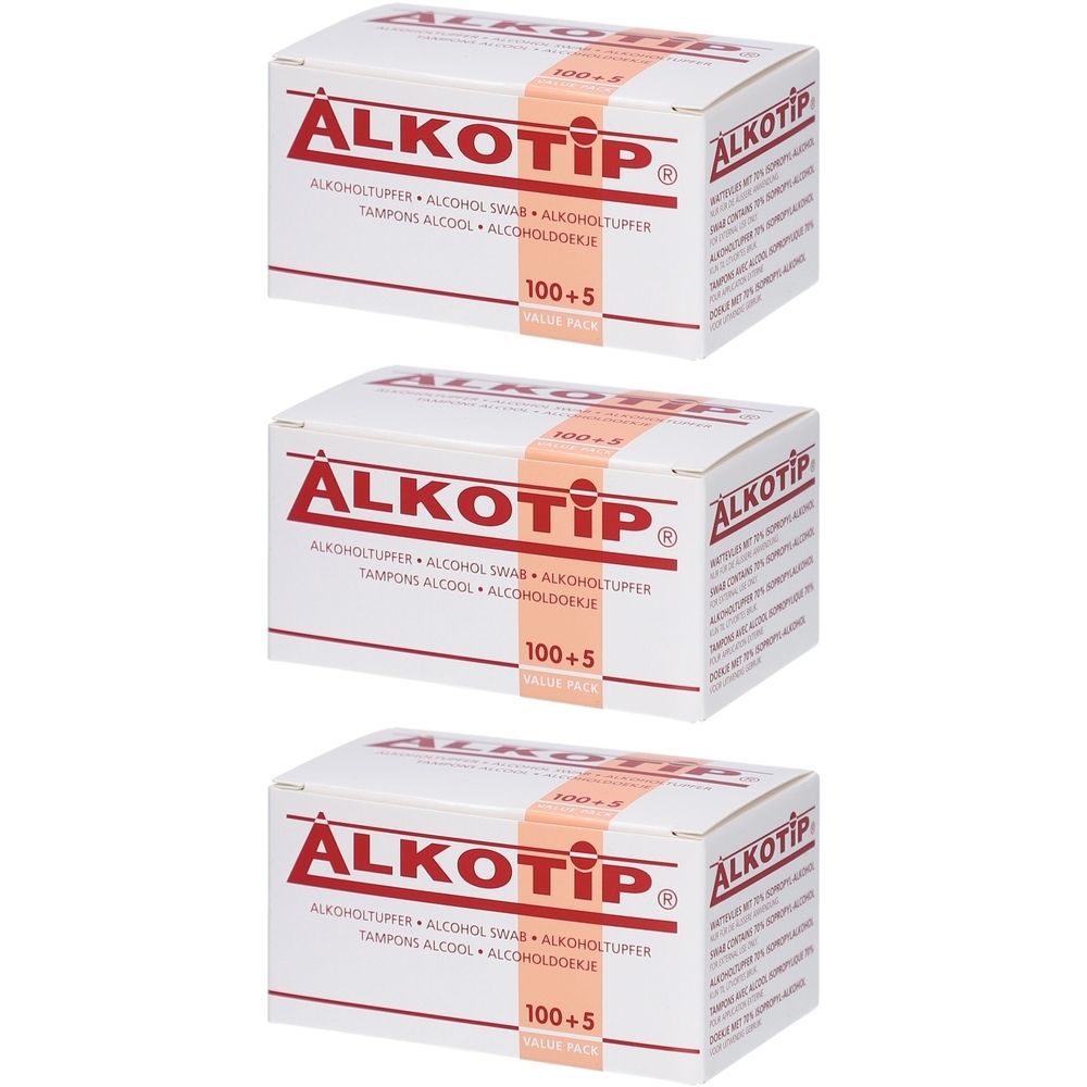 Drei Kartons mit Alkohol-Tupfern. Aufdruck: Alkotip, 100+5 Stück. Weißer Karton mit roter Schrift.
