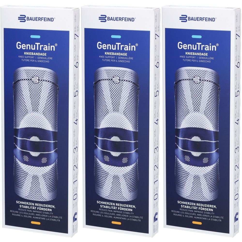 Drei BAUERFEIND® GenuTrain® Kniebandagen in Verpackungen. Blaue und weiße Bandage mit Logo und Produktnamen. Text: Schmerzen reduzieren, Stabilität fördern.