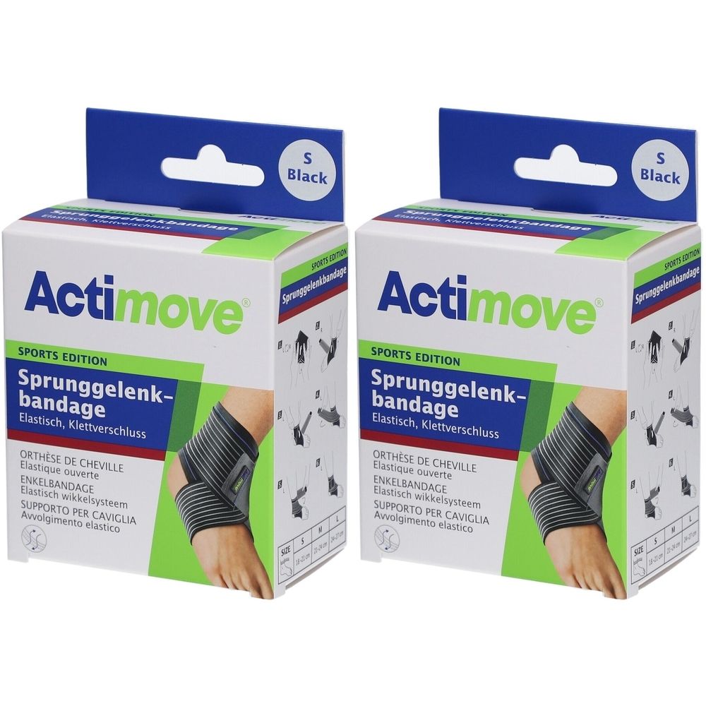Zwei Packungen Actimove Sport Sprunggelenkbandage. Weiß-grüne Verpackung mit Produktabbildung. Größe S, schwarz.