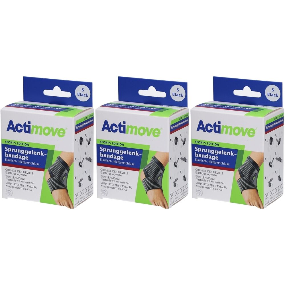 Drei Packungen Actimove Sport Sprunggelenkbandage. Grün-weiße Verpackung mit Produktabbildung und Größenangabe S.
