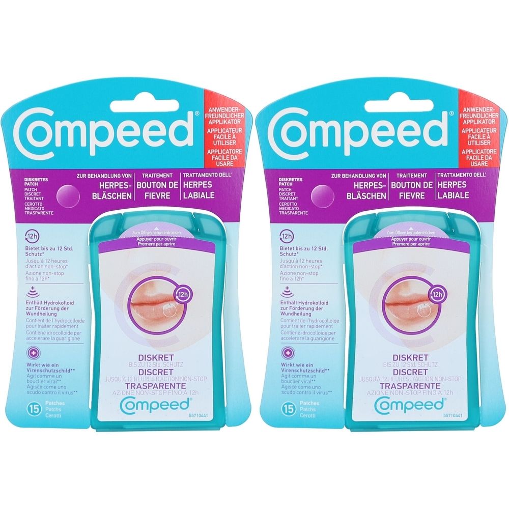 Zwei Packungen Compeed Fieberblasen-Patch Transparent. Jede Packung enthält 15 Patches. Aufschrift: Diskret, Transparent.