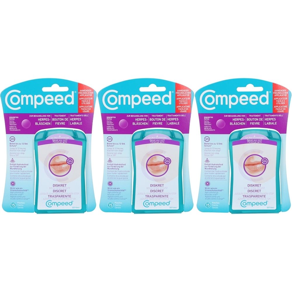 Drei Packungen Compeed Fieberblasen-Patch Transparent. Jede Packung enthält einen Patch. Aufdrucke: Compeed, Diskret, Transparent.