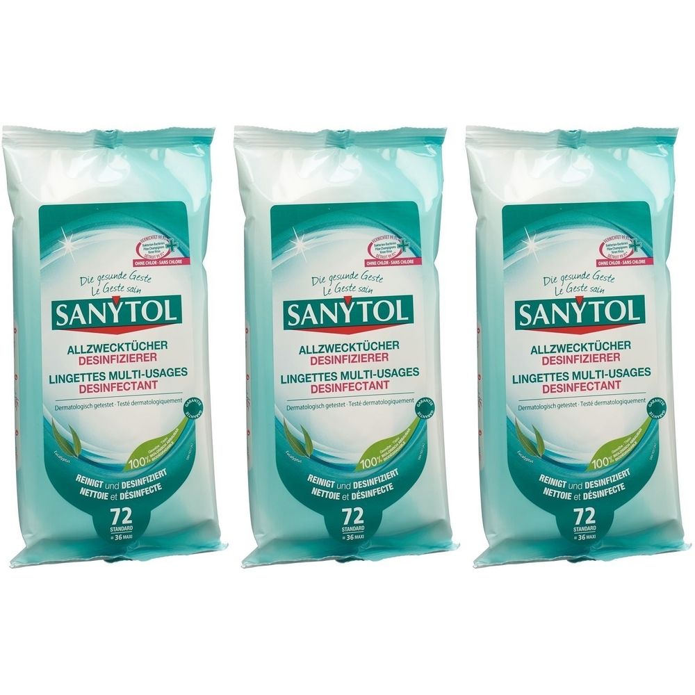 Trois paquets de lingettes multi-usages SANYTOL. Chaque paquet a un emballage bleu et blanc avec des informations sur le produit et le logo.