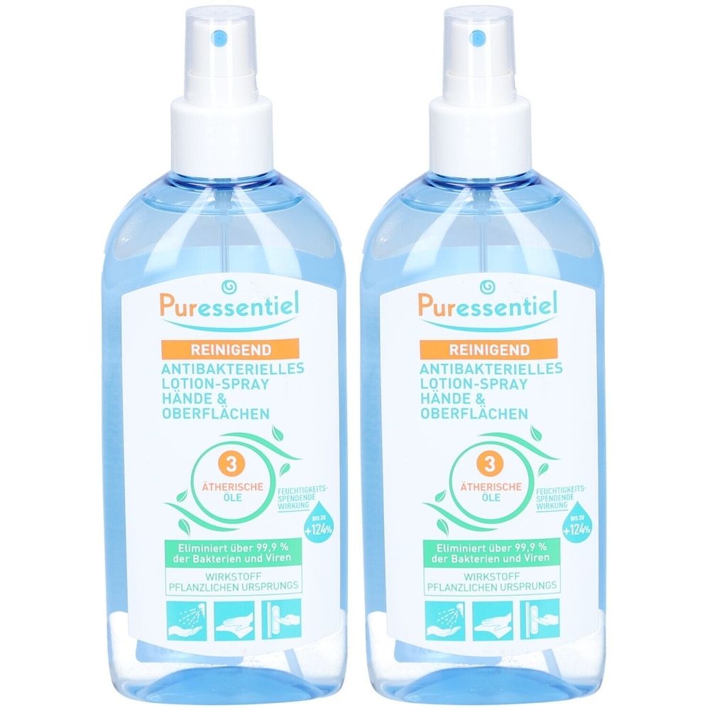 Zwei Flaschen mit blauem Inhalt und Sprühkopf. Aufschrift: Puressentiel, Reinigend, antibakterielles Lotion-Spray für Hände & Oberflächen.
