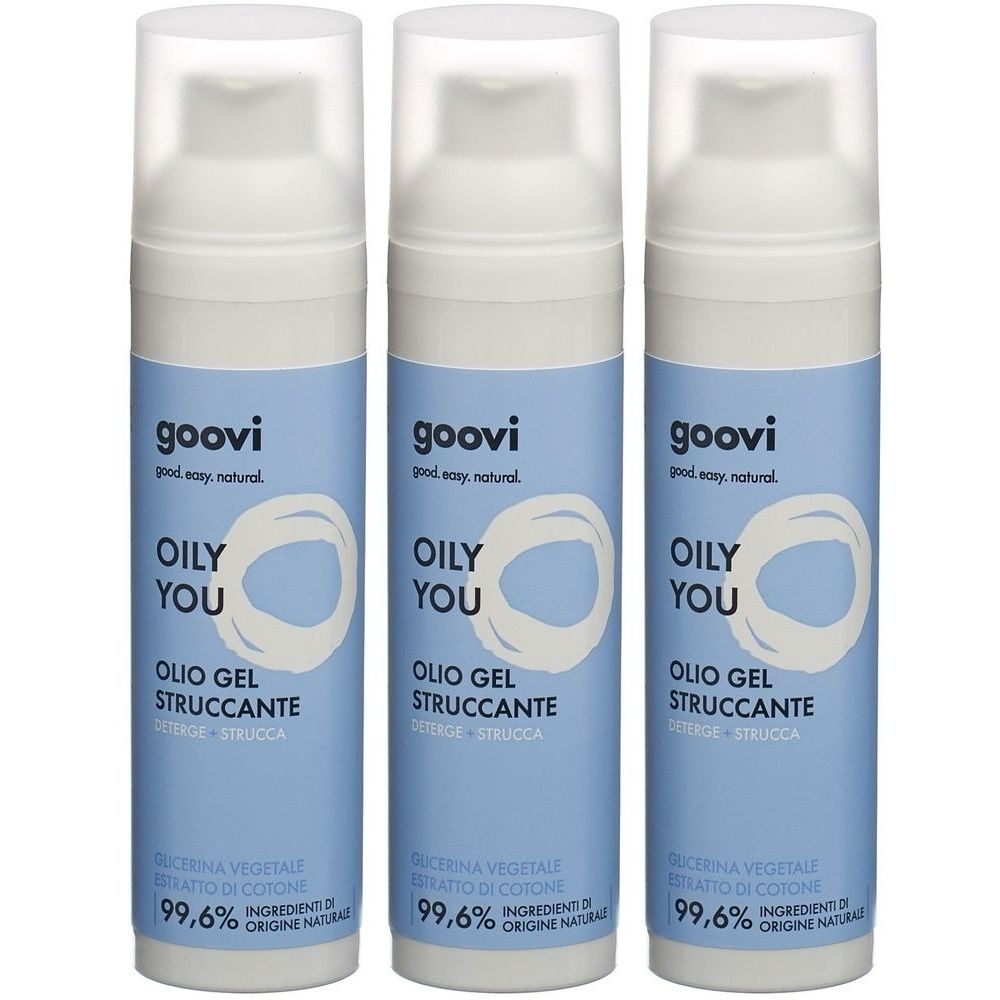 Drei Flaschen GOOVI Gel Nettoyant Huile. Blaue Etiketten mit weißem Deckel. Aufschrift OILY YOU und OLIO GEL STRUCCANTE.