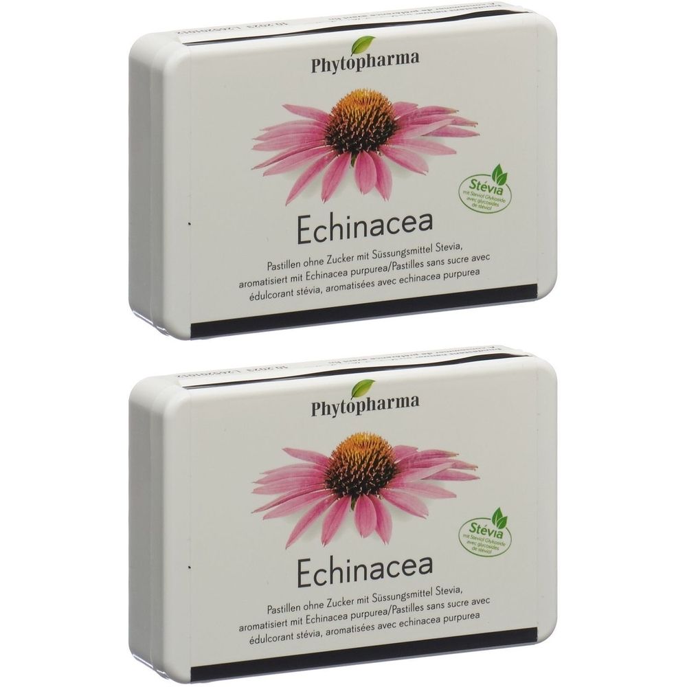 Zwei Schachteln mit Produktaufdruck. Aufschrift: Phytopharma, Echinacea, Stevia-Siegel. Abbildung einer Blüte.