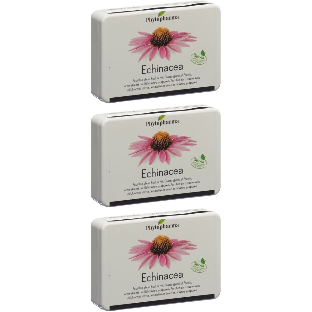 Drei Schachteln mit Echinacea-Pastillen. Auf jeder Schachtel: Marke, Blüte, Produktname und Siegel.
